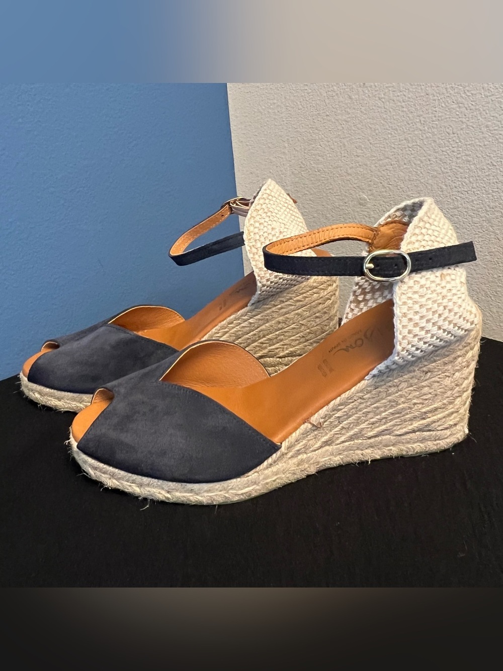 Dalson Navy Suede Peep Toe Espadrille Sandals Made in Spain Women’s Size 9.5